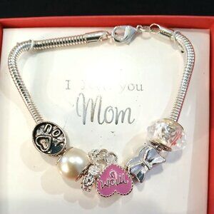 Womens Silver Tone Dog Mom Charm Bracelet Beaded Heart Paw Bow Shimmer Pink
